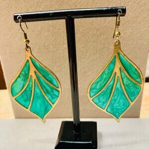 Green Enamel Leaf Dangle Earrings